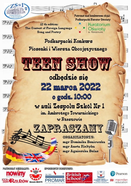 Zapraszamy na Podkarpacki Konkurs Piosenki i Wiersza Obcjojęzycznego Teen Show dnia 22.03.2022 o godz. 10:00.